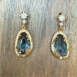 Ocean Blue Crystal Cubic Zirconia Pierced Dangle Earrings Gold Tone